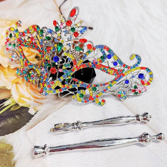 Rainbow Masquerade Mask, Crystal Handheld Mask, Silver Mask, Prom Mask, Pride - Picture 7 of 10